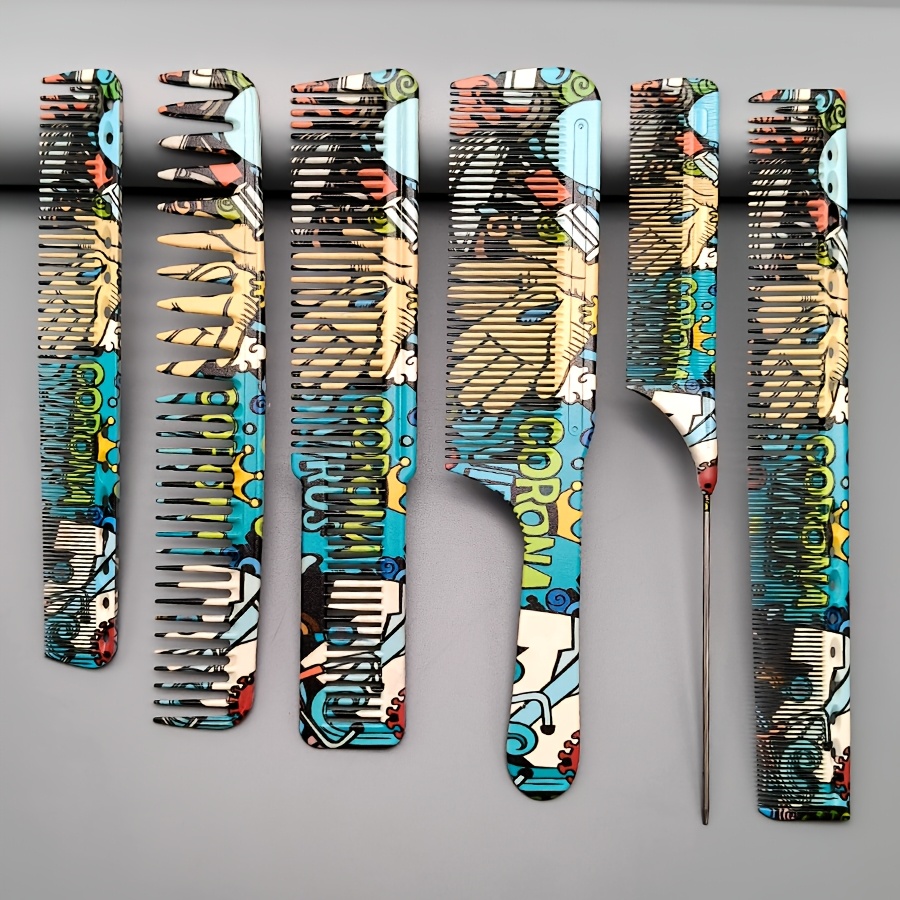 TEMU 6pcs Set Of Hairdresser Special Combs Exquisite Graffiti Patterns 6pcss Hairbrush Set Men And Women Universal Hairdressing Comb Set Suitable For
