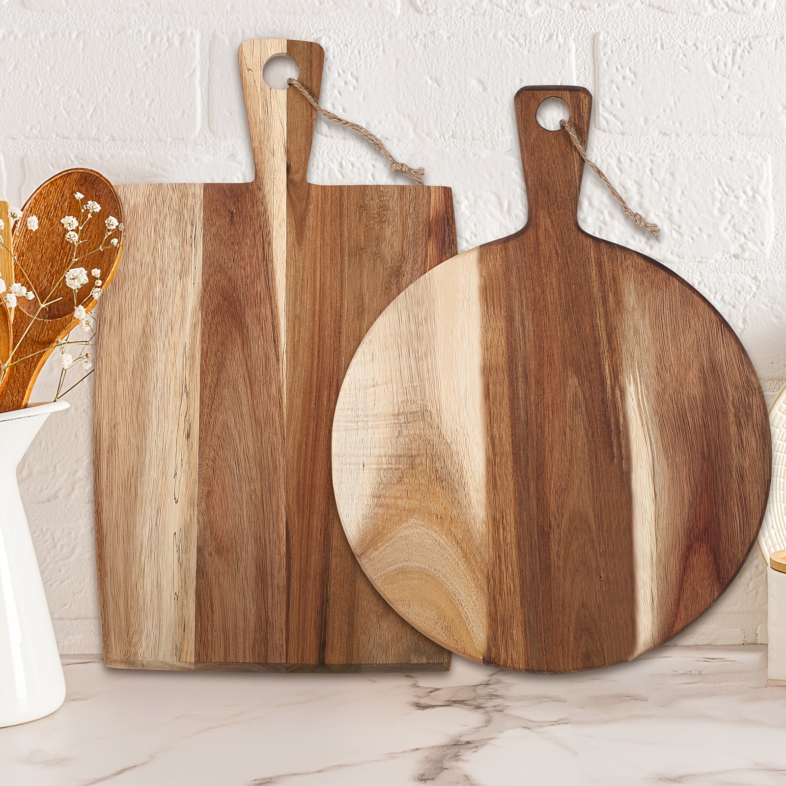 TEMU 2pcs Acacia Wood Cutting Board With Handle Wooden Charcuterie Board Large Paddle Carving Chopping Board Set Butter Board Serving Tray For Cheese