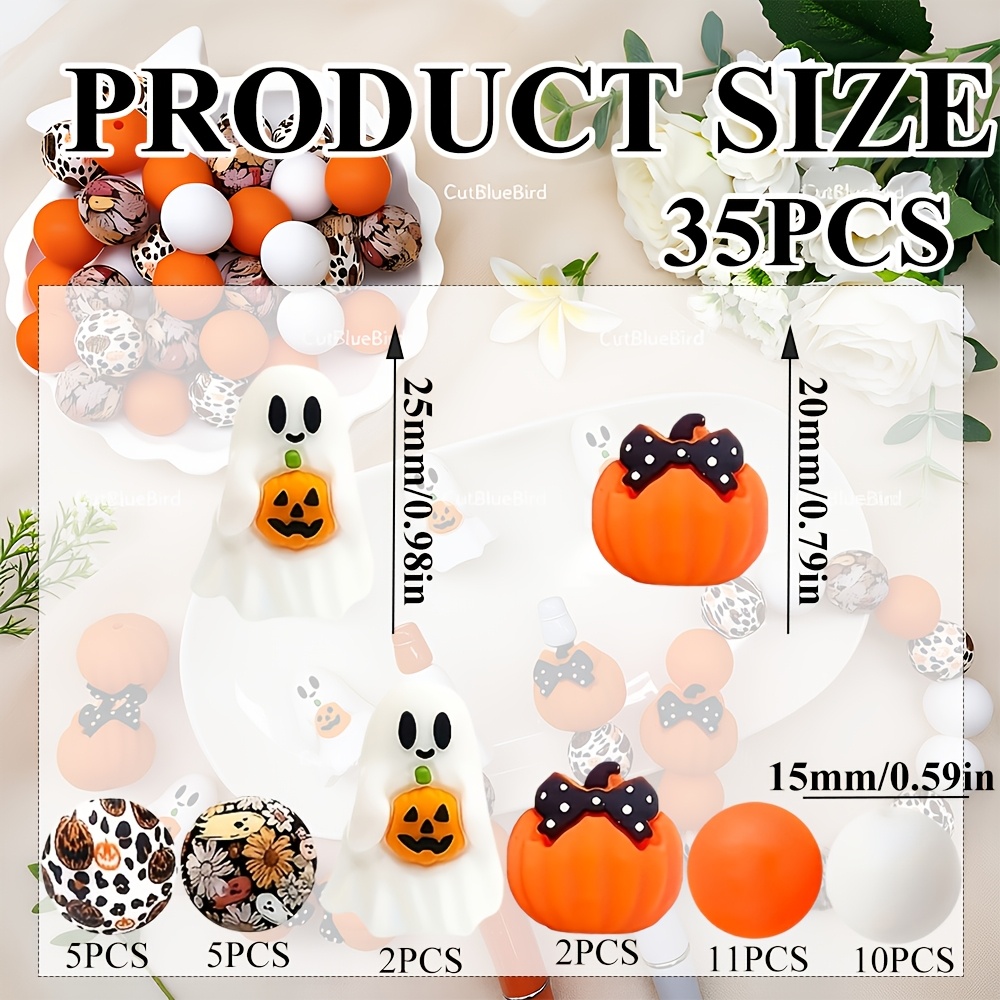 TEMU Lot de 35 perles en de citrouille d'Halloween, 15 mm, perles en imprimées d'Halloween en gros, perles pour stylos, perles en