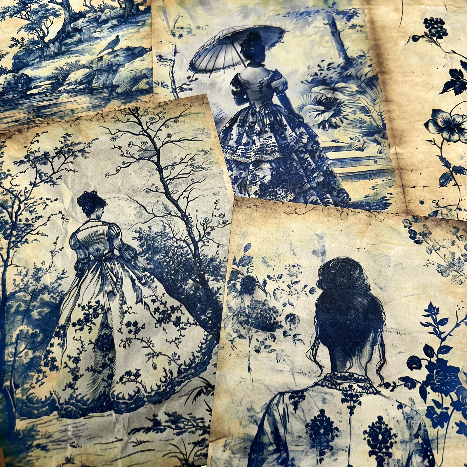 TEMU Vigus 16 Sheets Blue Porcelain Goddess Silhouette Watercolor Craft Paper - A5 Vintage Floral & Botanical Journaling Supplies For Diy Art, Scrapbooking, Gift Wrapping, Paper