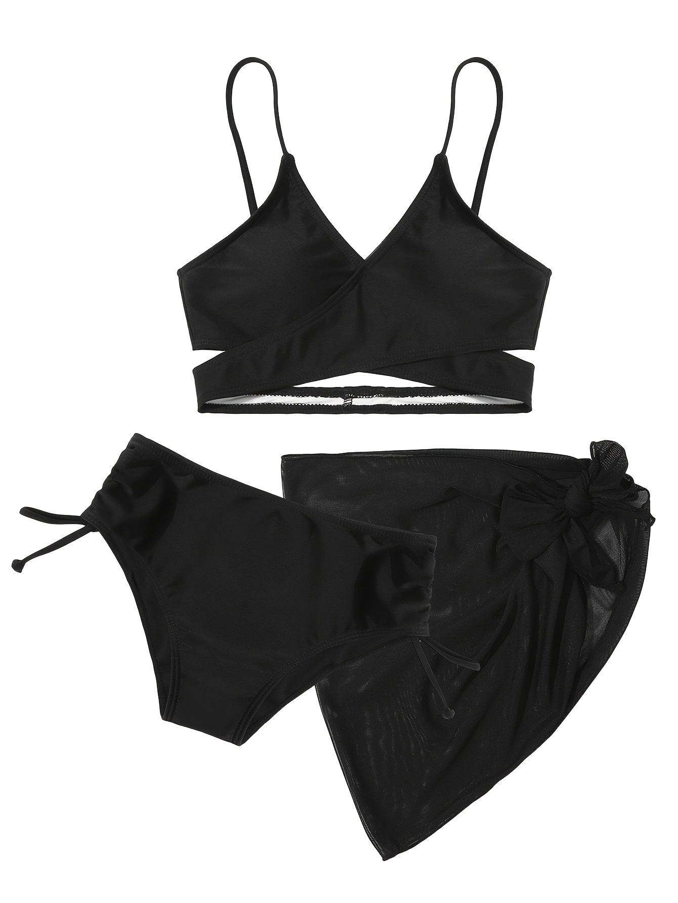 girls 3pcs set solid print bikini set swimsuit drawstring Temu