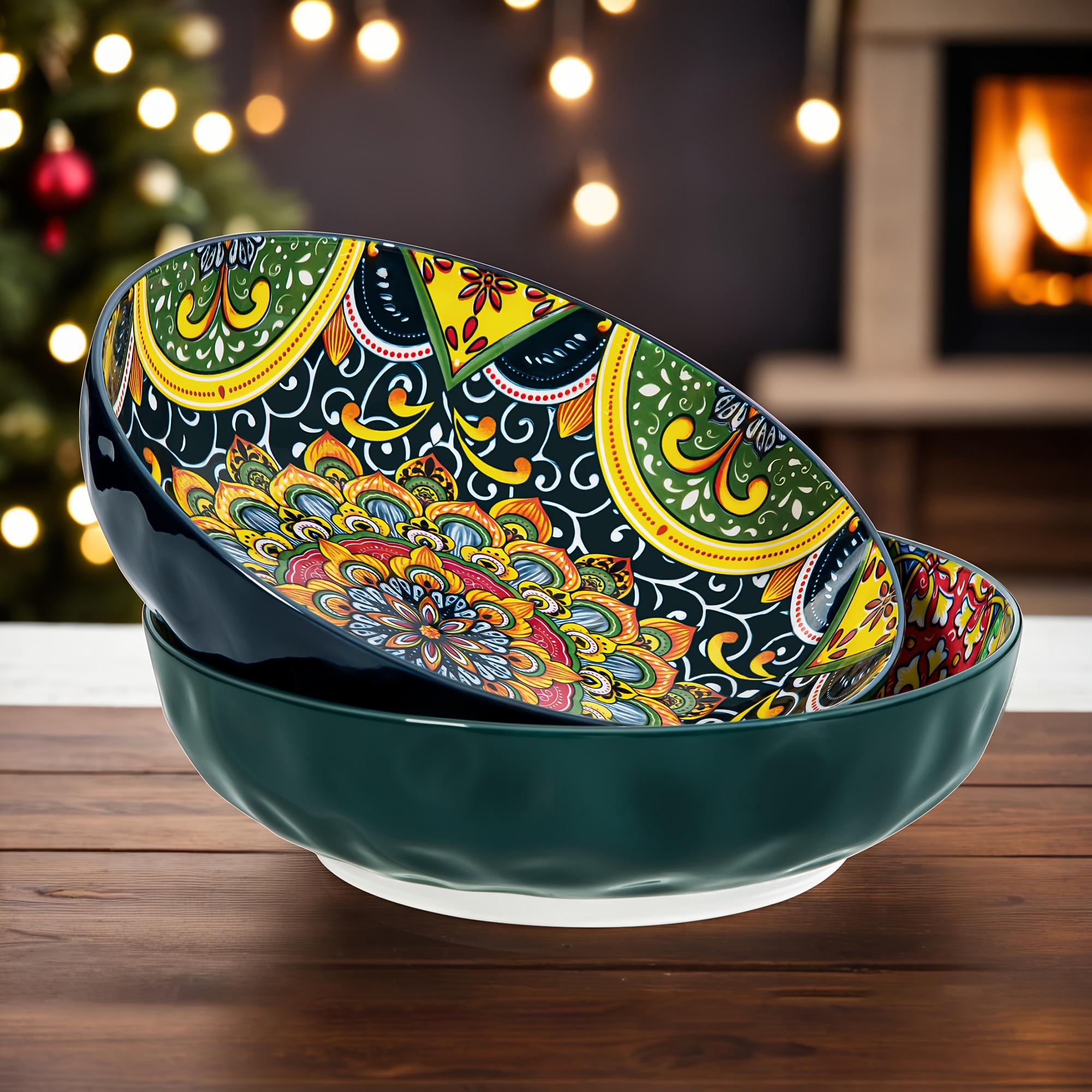 E-shop 78oz Pasta-Schalen Set aus 2 Stück, Bohemian Porzellan Große Salatschalen, Große Grüne Servierschalen für die Küche, Spülmaschinen- &