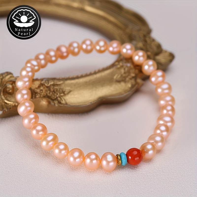 Orange Pink Freshwater Pearls Bracelet with Agate Accents