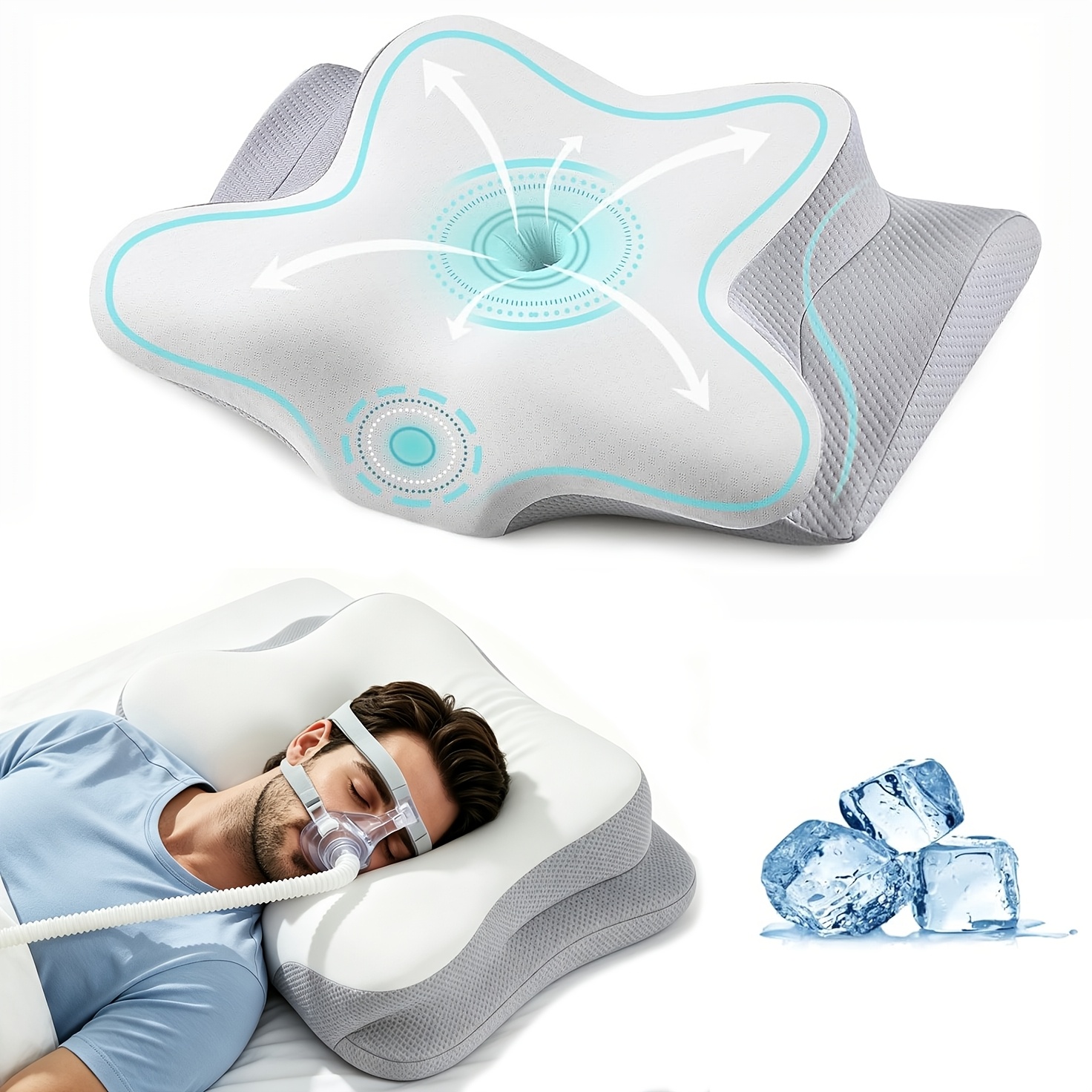 TEMU Oreiller cervical CPAP pour dormeurs latéraux, anti-fuite d'air, cou ergonomique, oreiller en mousse à mémoire de avec housse rafraîchissante