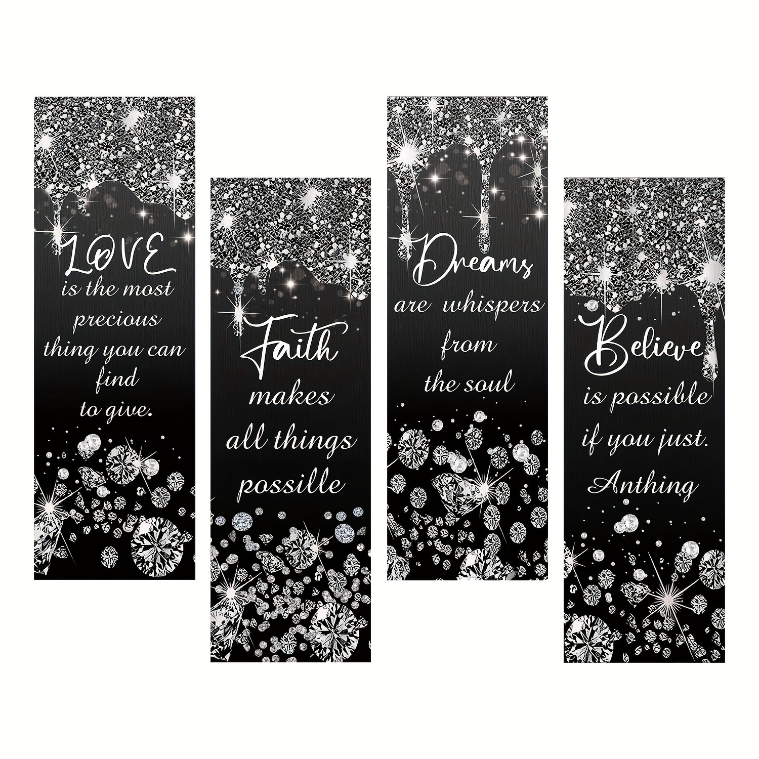 

4pcs Glitter Diamond Bathroom Wall Decor Wooden Inspirational Quote Wooden Sign Love Faith Believe Dream Wall Decor Bathroom Decor Black Silver Shiny Drips Hanging Bathroom Sign For Living Room Home