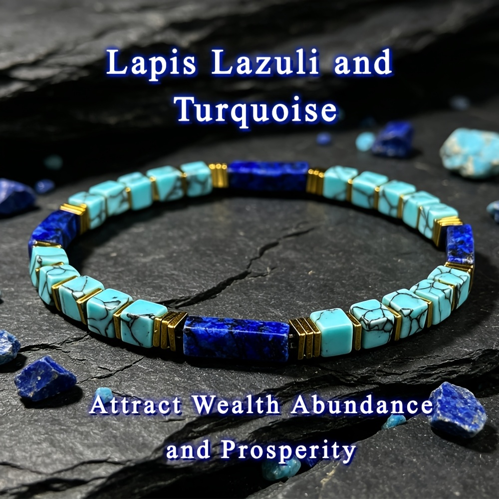 TEMU Natural Texture Turquoise With Square Tube Bracelet Metal Spacer Retro Stacked Stone Accessories Gifts For Men And Women