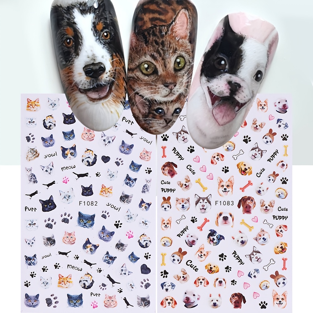 

2pcs Cute Cat And Dog Nail Art Stickers, Adhesive Kitty Puppy Character Decals For Diy Manicure, Plastic, Animal Print, Patterns, Nail Supplies