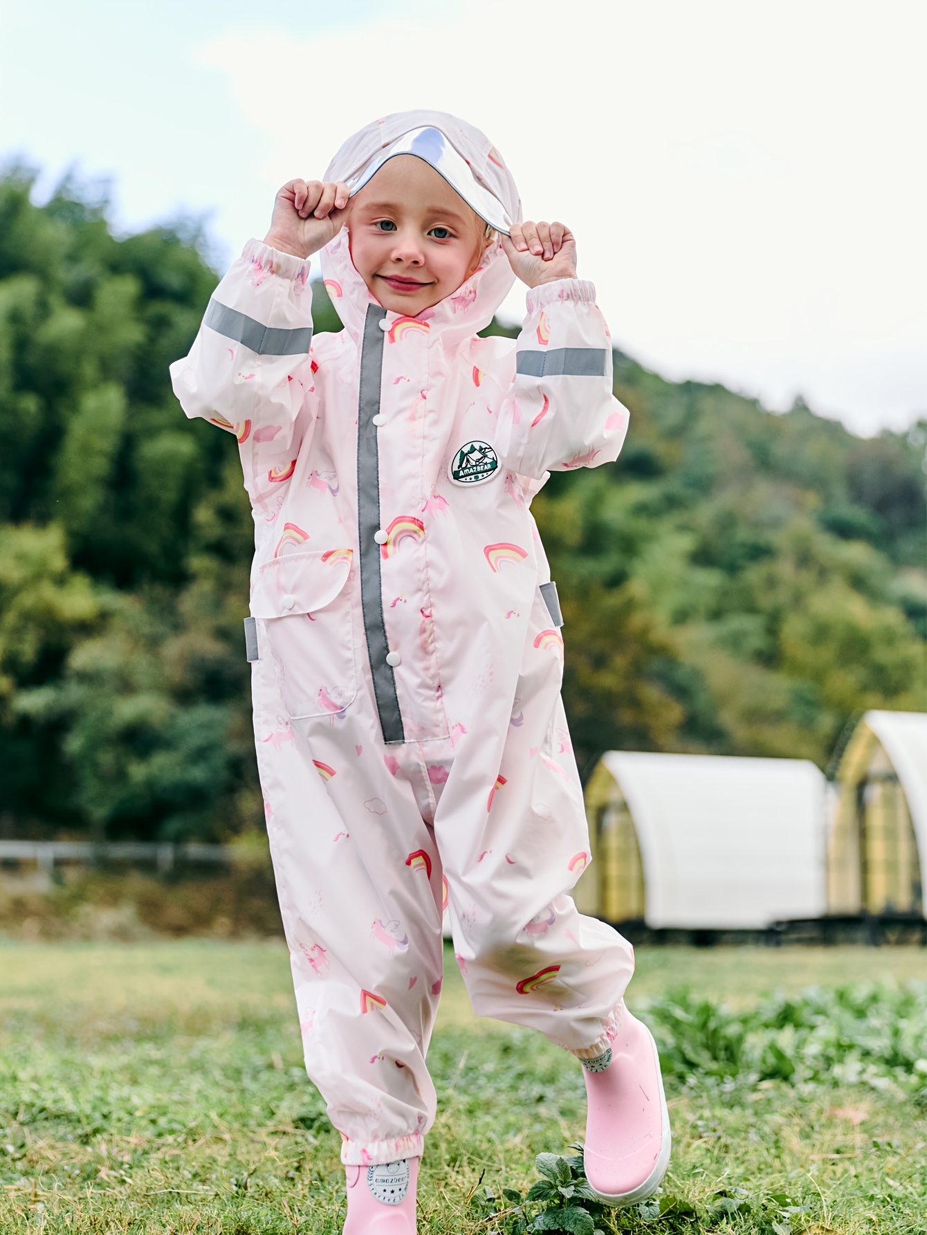 girls outdoor jumpsuit raincoat lightweight style with removable waterproof hood suitable for outdoor activities beach camping and riding 1pc