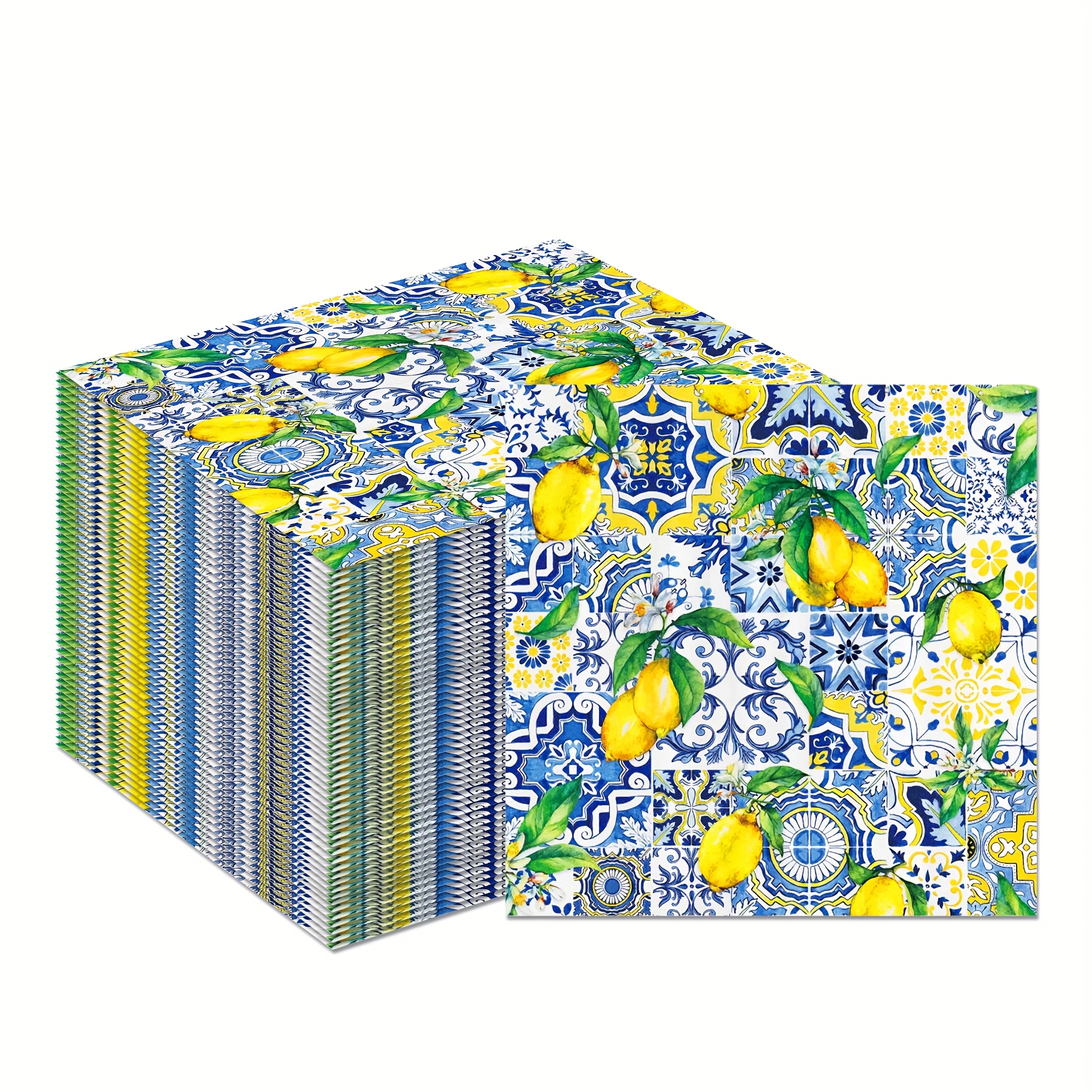 E-shop 20 Stück Vintage Zitronen-Partyservietten – Einweg-Papierhandtücher für Gäste, Gelb & Blau mit Blumenmustern, 2-lagig für Geburtstage allgemeine