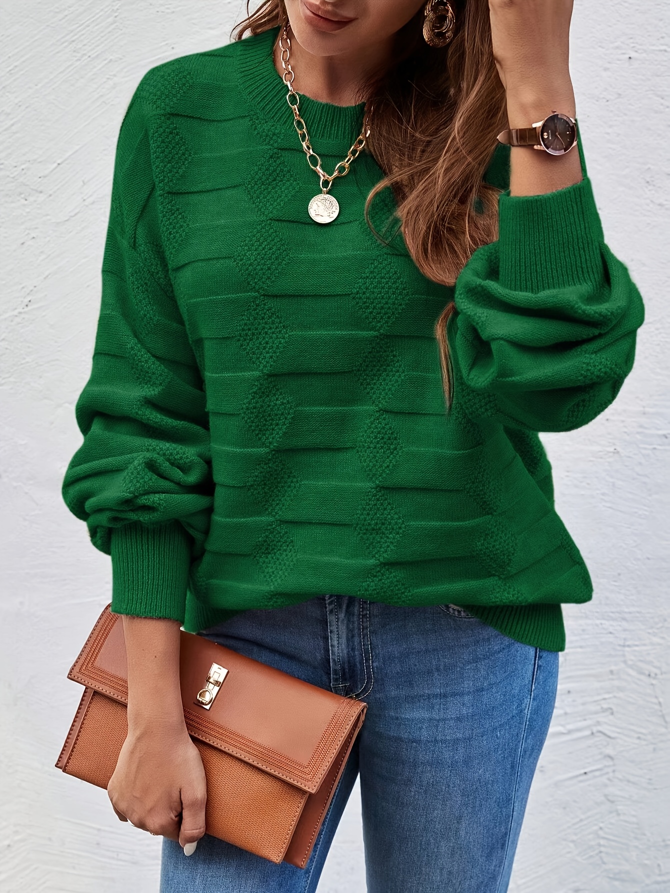 plus size womens stretchy sweater long sleeve pullover sweater soft everyday sweater for fall   casual outfits   round neck sweater in emerald   neutral tones fall fashion   comfortable material versatile   essentials green 0