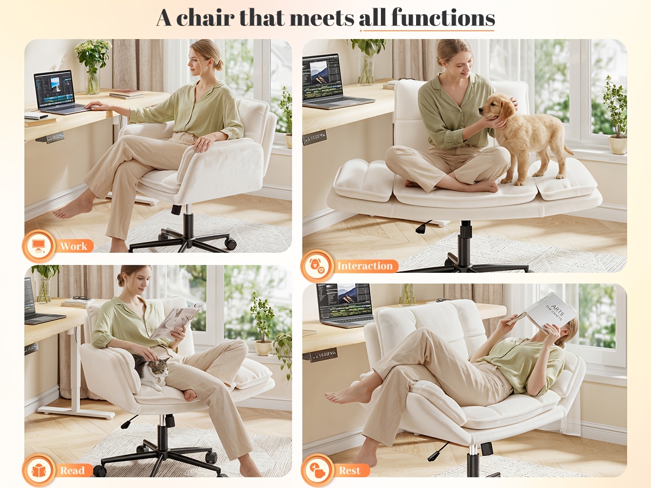Modern Office Crossover Wheelchair, Luxurious Plush Vanity Chair with Wheels, Adjustable Armrests, Ergonomic Office Chair Suitable for Bedrooms, Computer Makeup Rooms, And Offices, Available in White, Black, Pink, And Gray, Stable And Durable