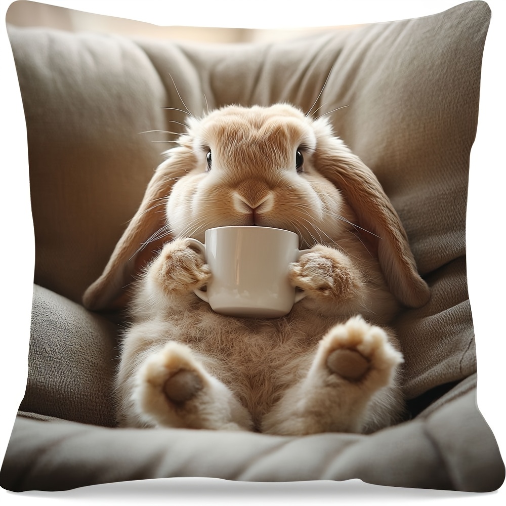 TEMU 1pc Rabbit Pattern Decorative Pillowcase, Soft Polyester, Single-sided Print, 18x18 Inches, Machine Washable, Zipper Closure, For Bed, Sofa,