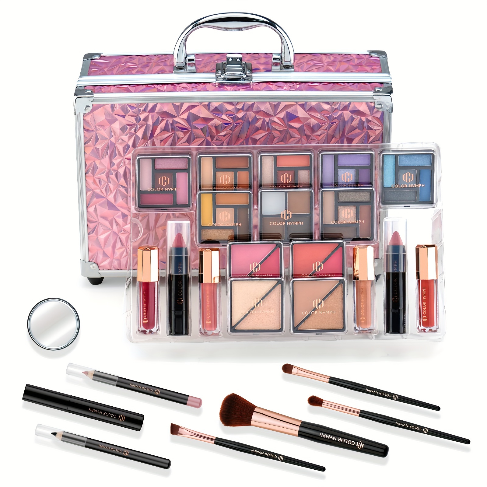 Conjunto de Maquiagem Inicial para Meninas Pré-adolescentes, Estojo de Maquiagem Completo para Mulheres com Sombra, Batom, Blush, Pincéis, Gloss Labial, Máscara de Cílios, Cera para Sobrancelhas e Espelho Rosa Conjunto Completo de Cosméticos Inicial detalhes 3