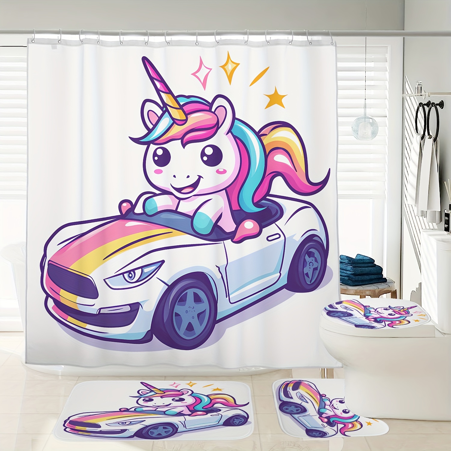 

1/3/4pcs Car Unicorn Pattern Digital Printed Waterproof Shower Curtain Toilet Seat Bath Mat Set, With 12 Plastic Hooks, 72 Inches X 72 Inches