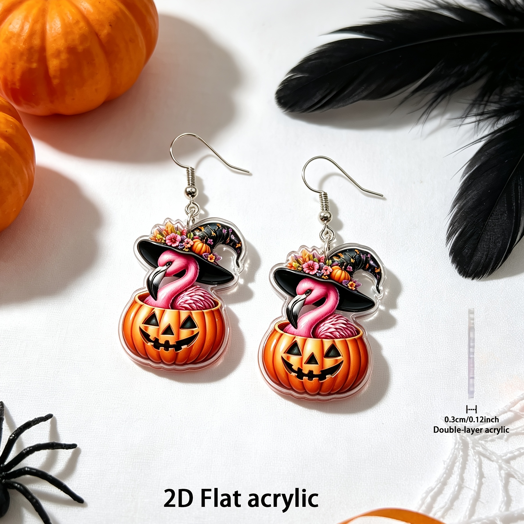 2D Flat Flamingo & Jack-o'-lantern Dangle Earrings, Retro Hippie Style
