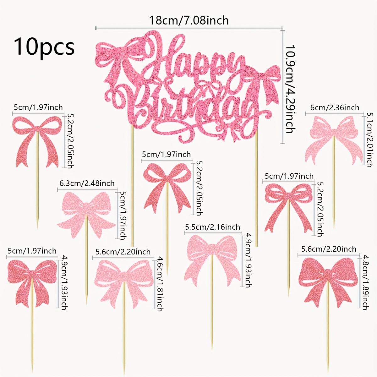 Image of 10pcs Bow Birthday Cake Topper Set, Pink Sequin Decorating Picks, Cake Decorating Toppers, Party Wedding Holiday Decoration Supplies