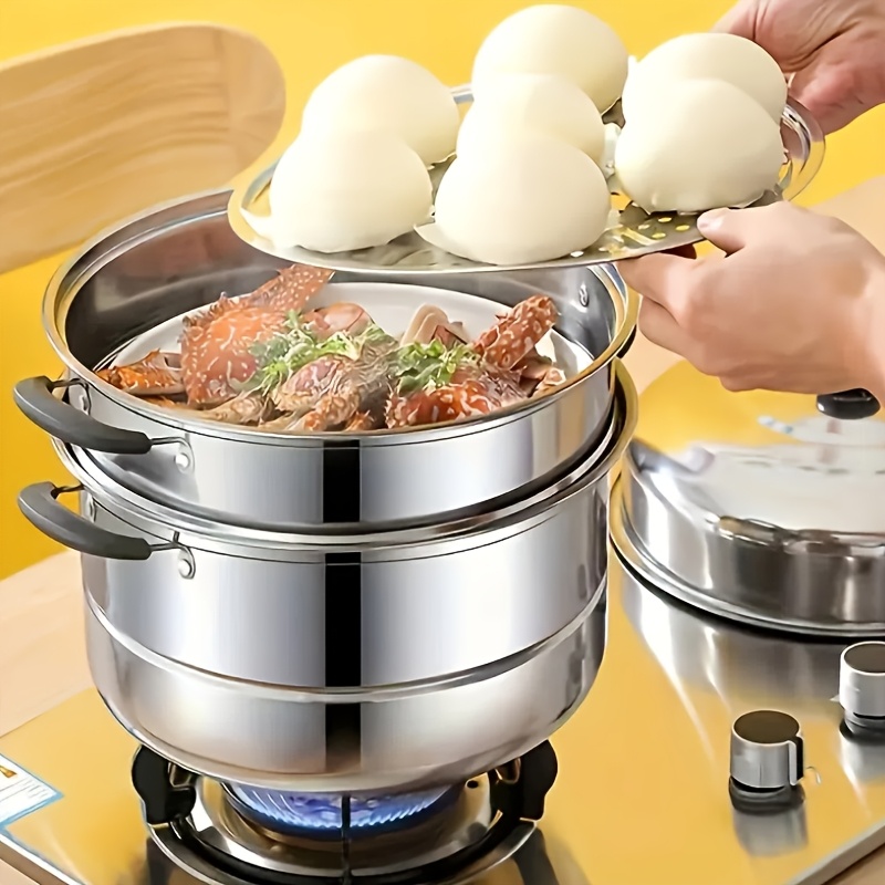 versatile stainless steel steamer pot with lid double layer induction compatible for buns   soup     no power needed details 1