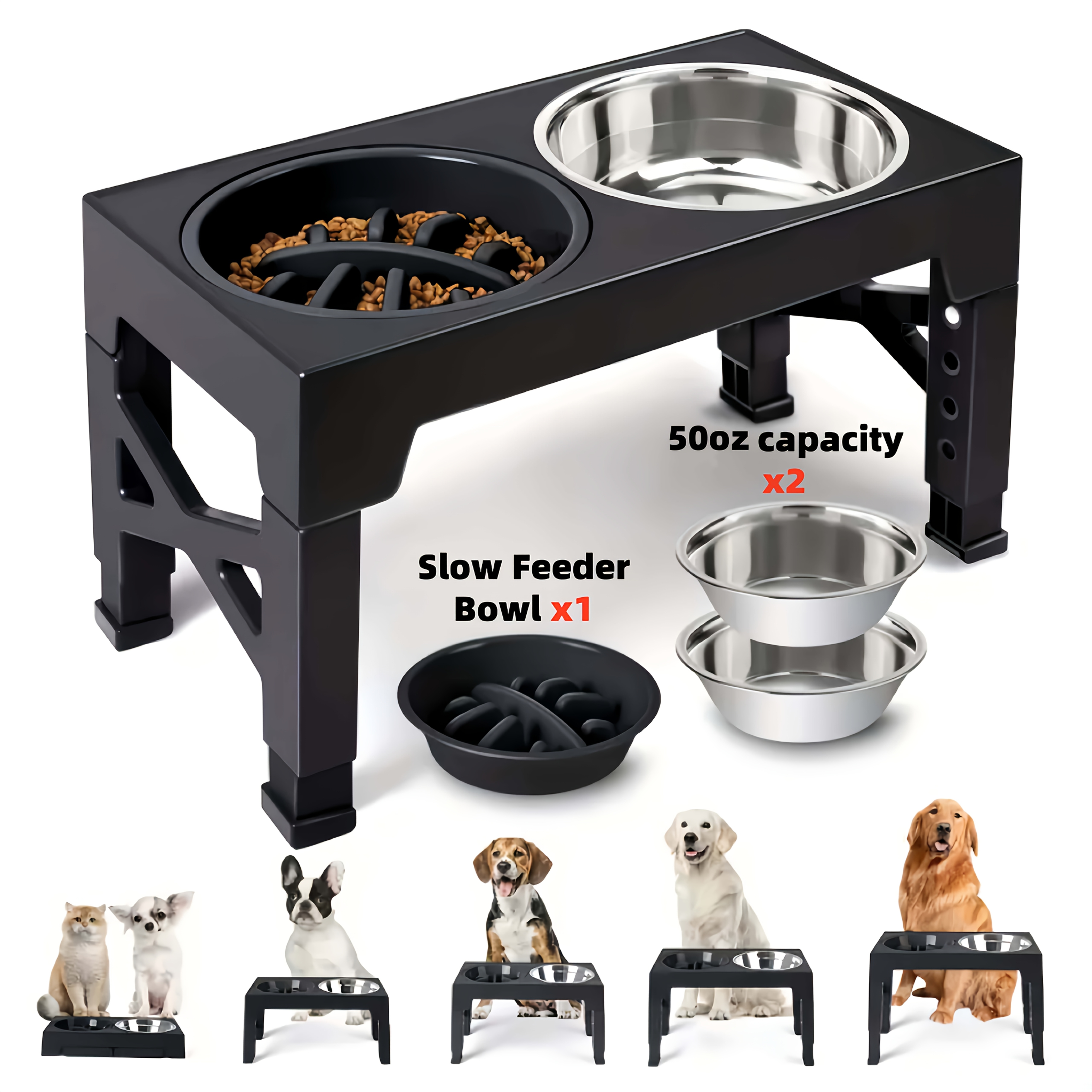 TEMU Banbers Adjustable 5-height Height-adjustable Dog Bowl, Foldable Height-adjustable Dog Bowl Stand, With Bowl And Stainless Food Bowl, Suitable