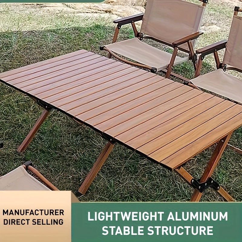 

Lightweight Carbon Steel Folding Table With Wood Grain - Portable, Roll- For Camping & Outdoor , Non-slip Aluminum Frame, Ideal For Picnics & Home Use, Picnic Accessories