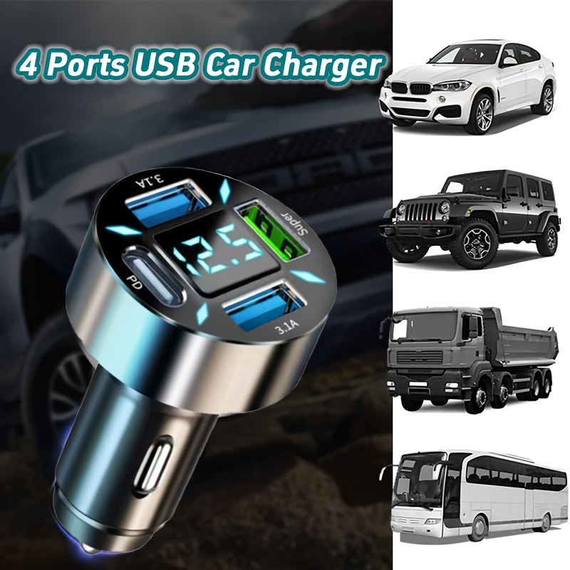 

4 Usb Car Charger Usb Adapter With Voltmeter, Type C Port Pd 3.1a Charging Car Lighter Plug