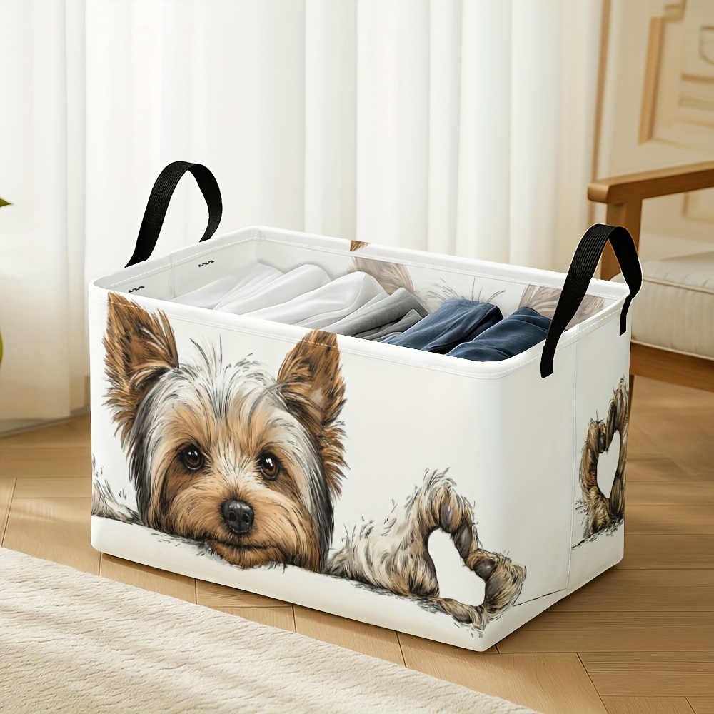 TEMU 1pc Dokriy Features An Adorable Yorkie Terrier Dog In A Heart-shaped Design. This Extra-large, Collapsible Storage Box With A Handle Is Perfect