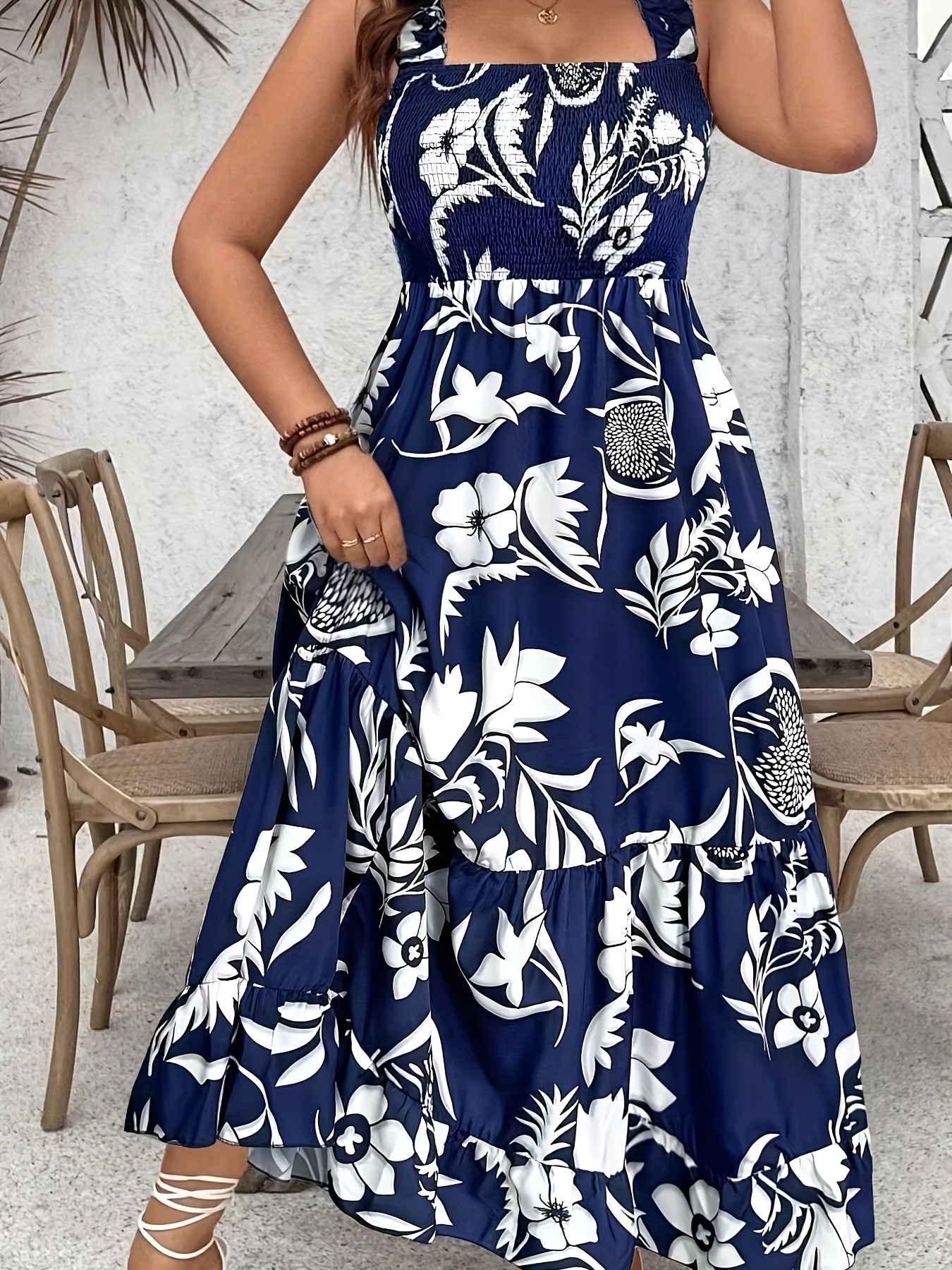 Women'S Elegant Off-Shoulder Floral Maxi Dress Navy Blue with White  Floral Print Hem, Polyester Summer, Casual to Formal Wear,