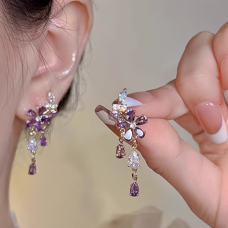 TEMU 1 paire de boucles d'oreilles à pompons et fleurs violettes pour femme, , élégantes, haut de gamme, douces, délicates, polyvalentes pour mariage