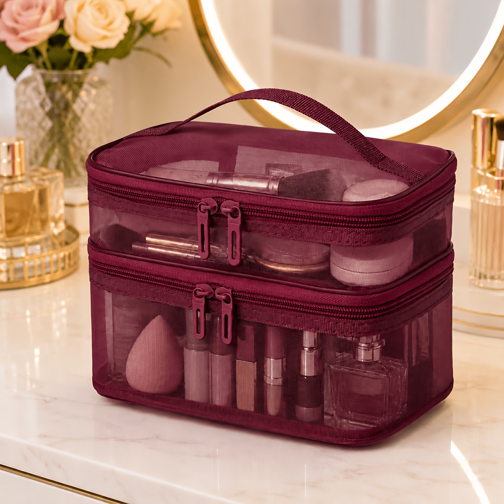 TEMU Double-layer Large-capacity Transparent Toiletry Storage Bag, Portable Cosmetic Organizer With Compartments, Travel And Toiletry Storage Pouch
