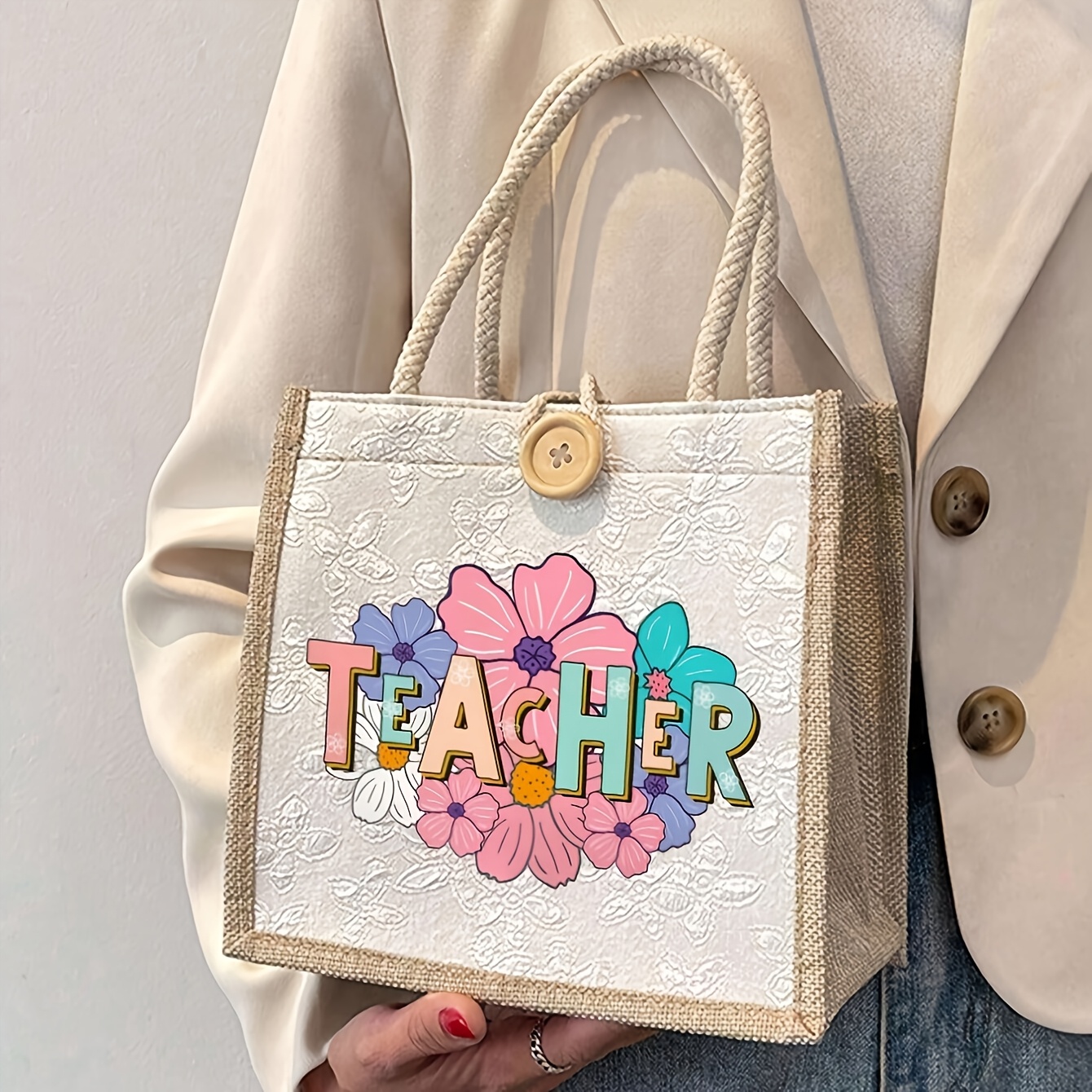 Best Teacher Ever Tote Bag Reusable Nylon Shoulder Bag with Closure,  Hand Washable, Floral Letter Print, Ideal for, Commuting, Holiday Gifts