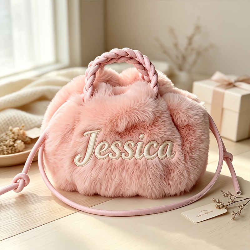 TEMU Petit sac à main en peluche automne-hiver, broderie de nom personnalisable, sac bandoulière et polyvalent, cadeau premium pour femmes, sac en