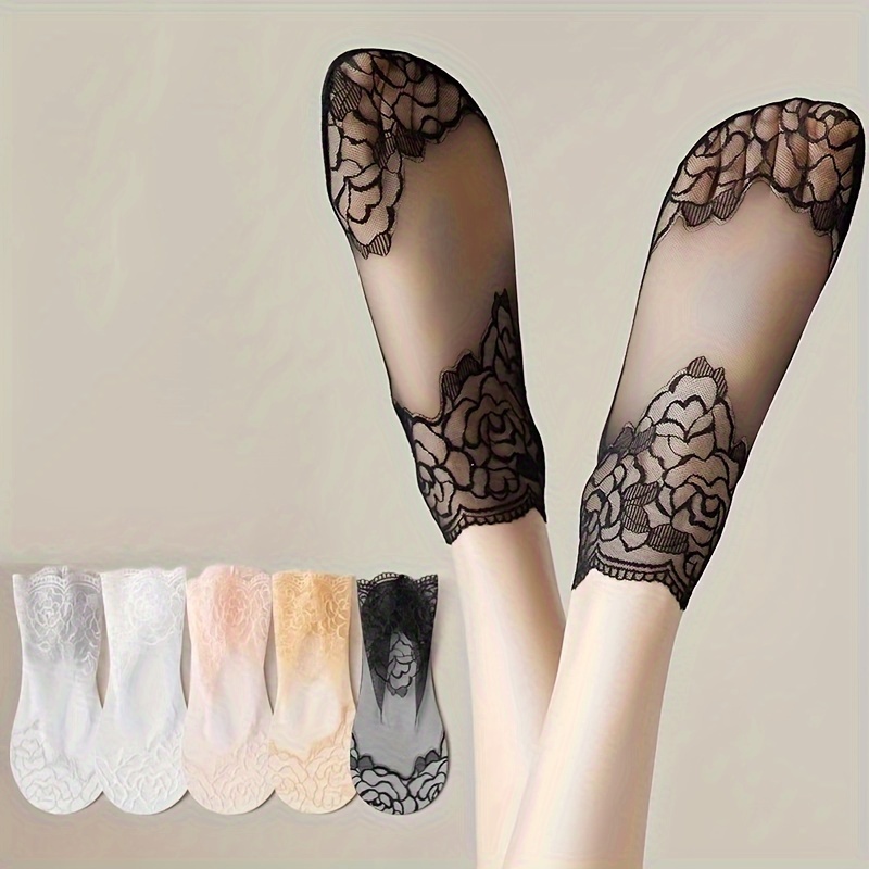 

5 Pairs Thin Lace Mesh Socks, Lightweight & Breathable Short Socks, Women's Stockings & Hosiery