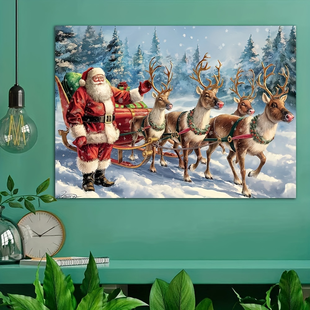 

Christmas Reindeer Sleigh Canvas Wall Art Poster, Unframed Fabric Holiday Print, Santa With Home Decor For Living Room, Bedroom, Office – Mixed Color, 1 Piece