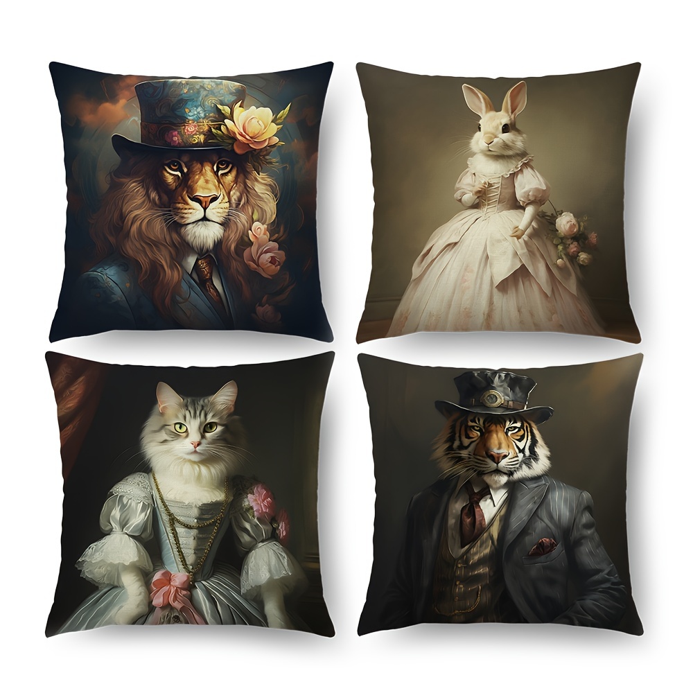 

4pcs / 1Set, Housse de Coussin de Gentleman Tigre Dame Lapin Chat, Décoration de Canapé Maison en Lin