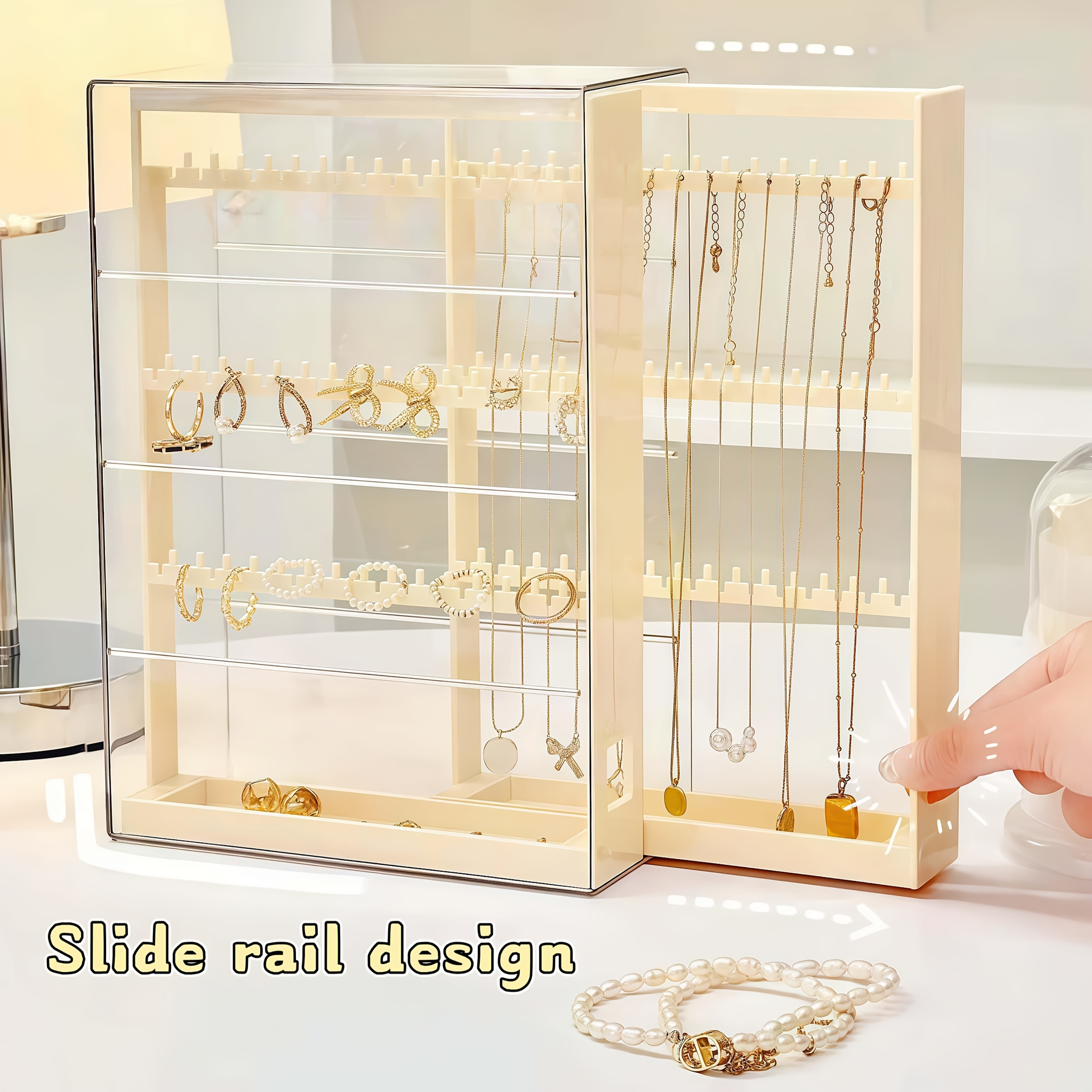 1pc jewelry storage box with pull out display shelves keychain hooks durable plastic organizer for bracelets necklaces earrings bedroom bathroom holiday gifts back to school supplies Product details 9