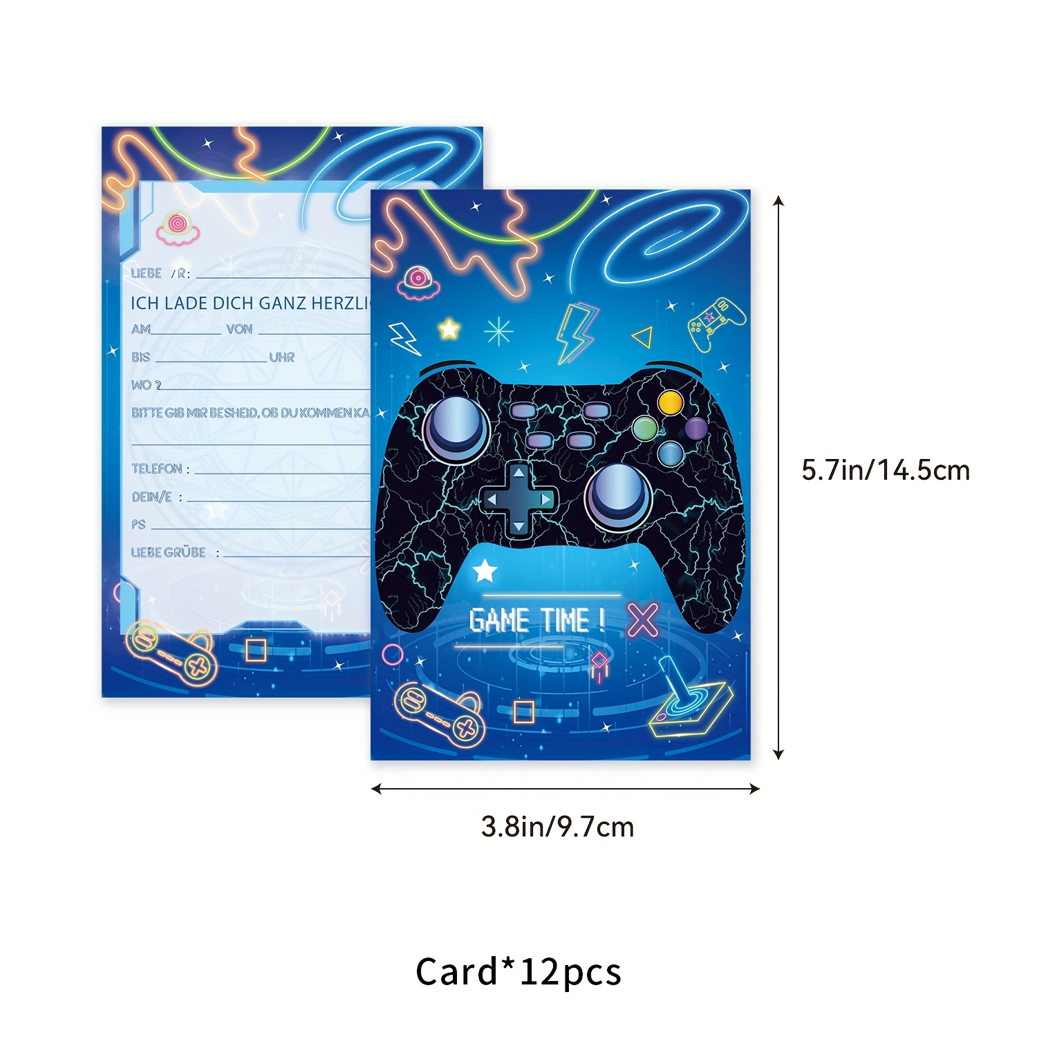 Image of 12 German-themed Party Invitations Black Gamepad, Flashy Blue Party Invitation. With Writing Format, Can Write Invitation Card Content For Birthday Party Holiday Parties, Anniversaries, Etc.