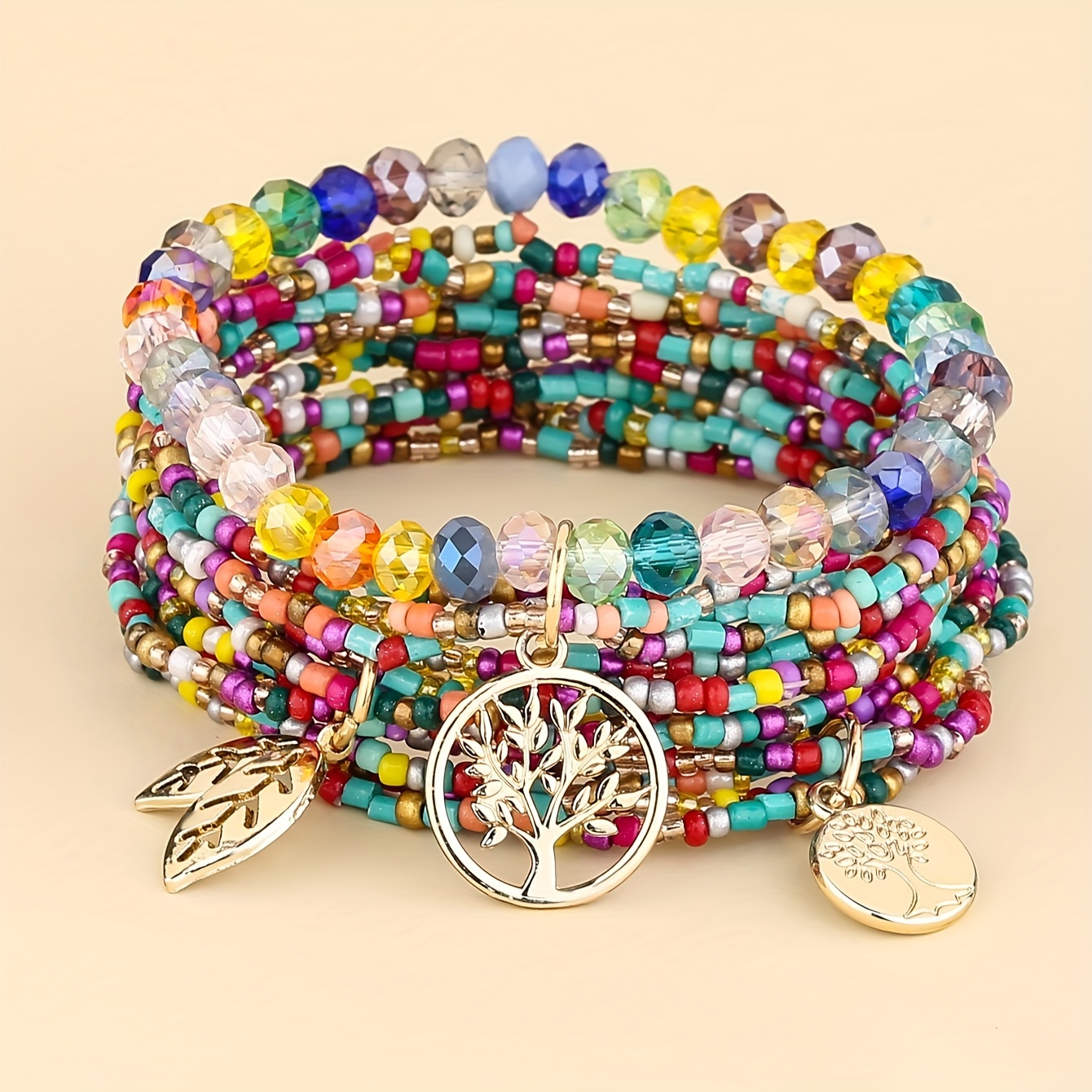 

3pcs Life Tree Leaf Charm Beaded Bracelet With Colorful Beads Boho Style Hand Jewelry Decoration