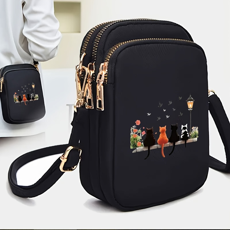 TEMU 1pc Sac Bandoulière Femme avec Imprimé Chats, Multiples Poches, Fermetures Éclair Dorées, Bandoulière Détachable et Réglable, Poche à Pièces et