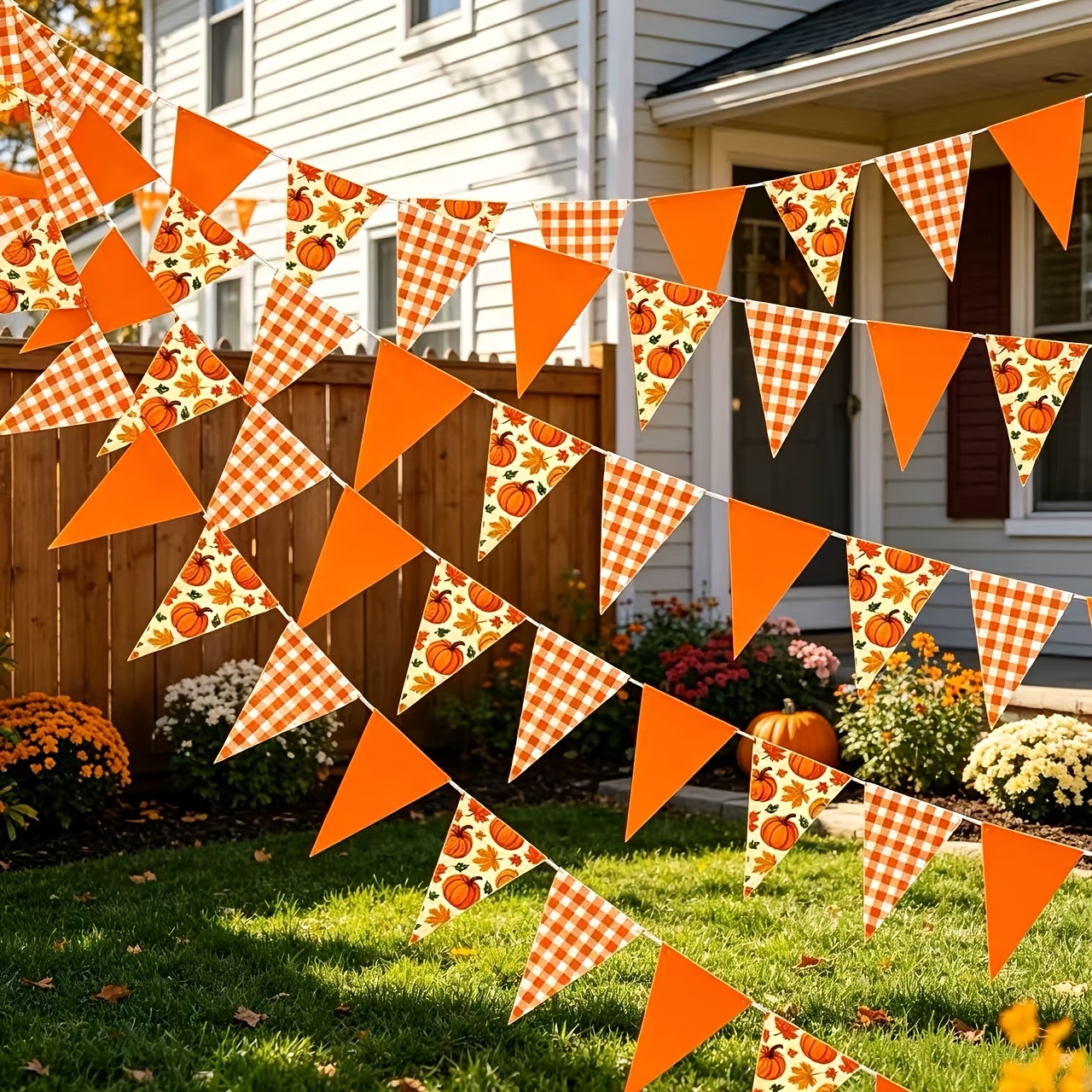 TEMU 28pcs, 181-inch Autumn Pumpkin Maple Leaf Triangle Flag Banner, Easy To Assemble, Perfect For Fall Weddings, Birthdays, Yard Decorations,