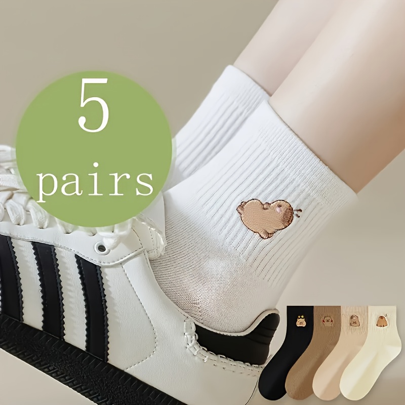 E-shop 5 Paar Capybara-Wadenhohe Socken in gemischten Farben. Süßes schlichtes einfarbiges Capybara-Muster für Damen, vielseitig für alle Jahreszeiten,