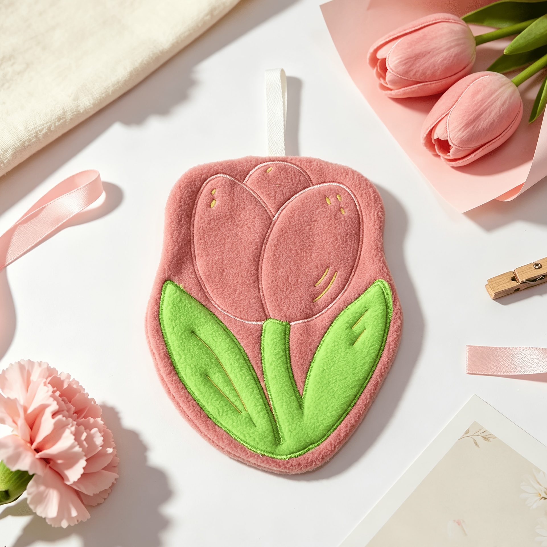 TEMU Pink Tulip Hanging Hand Towels, Super Absorbent Quick Dry Thickened Microfiber Dish Towels, Wall Mount Hand Drying Cloth For Kitchen, Bathroom,