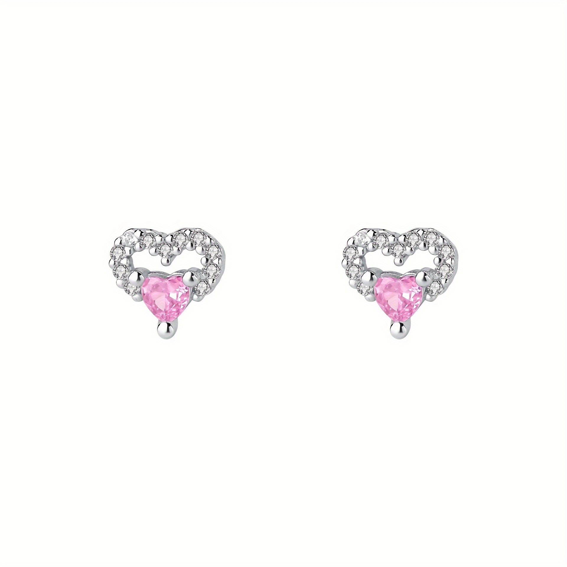 TEMU Total Weight About 0.8g 2pcs Women's Fashion Earrings 925 Sterling Silvery Heart Cubic Synthetic Zirconia Hollow Micro-pave Versatile Jewelry Suitable For Daily And Parties