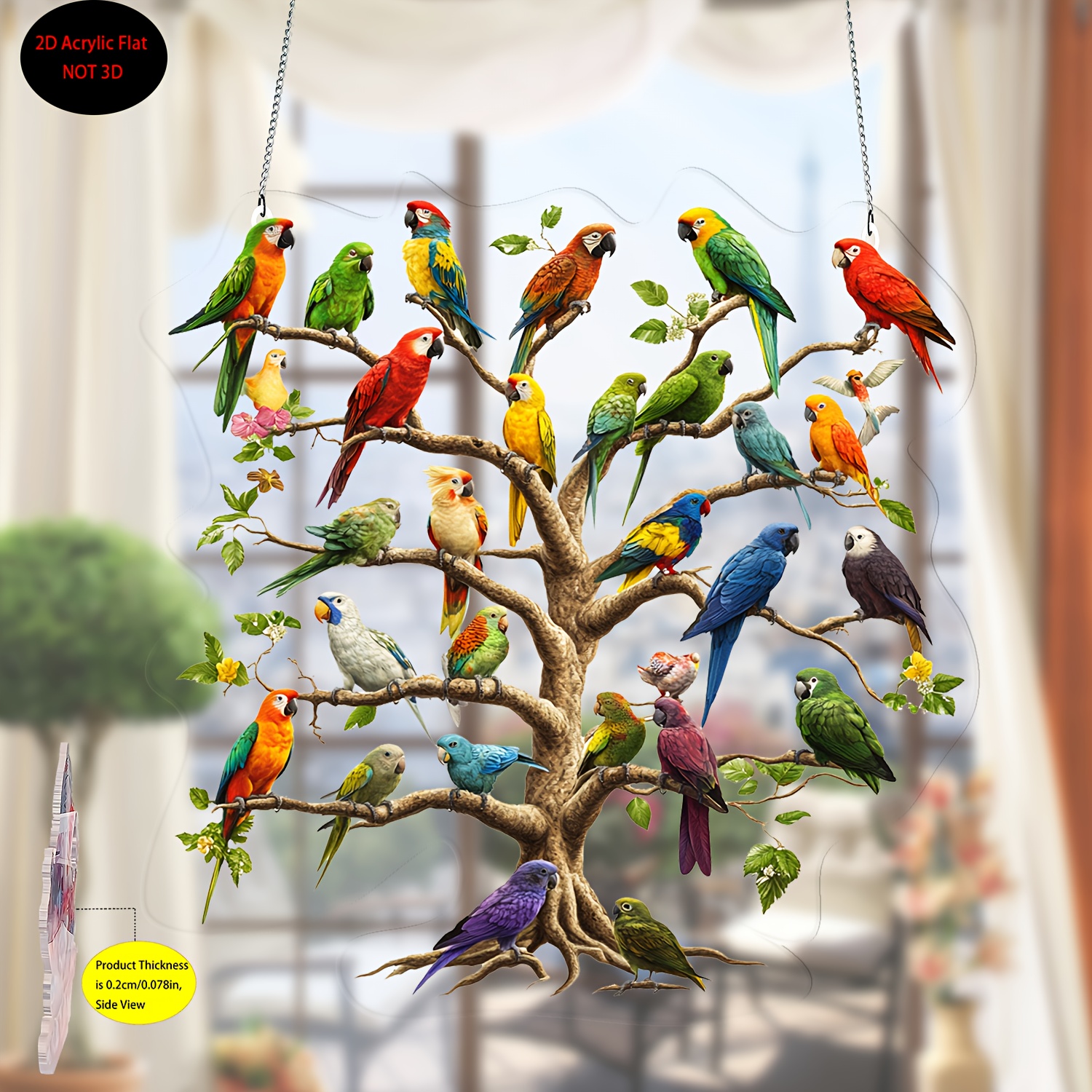 TEMU 2d Flat, Colorful Parrot Tree Acrylic Light Catcher - 8 X 8 Inch Bohemian Wall Hanging, Vibrant Bird Holiday Decor, Ideal For Porch, Terrace,