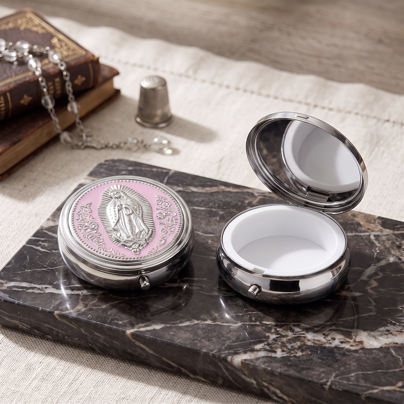 TEMU 1pc Embossed Round Decorative Pill Case Portable Keepsake Storage Box For Rosary Beads Pills Container Religious Ceremony Party Guest Souvenir