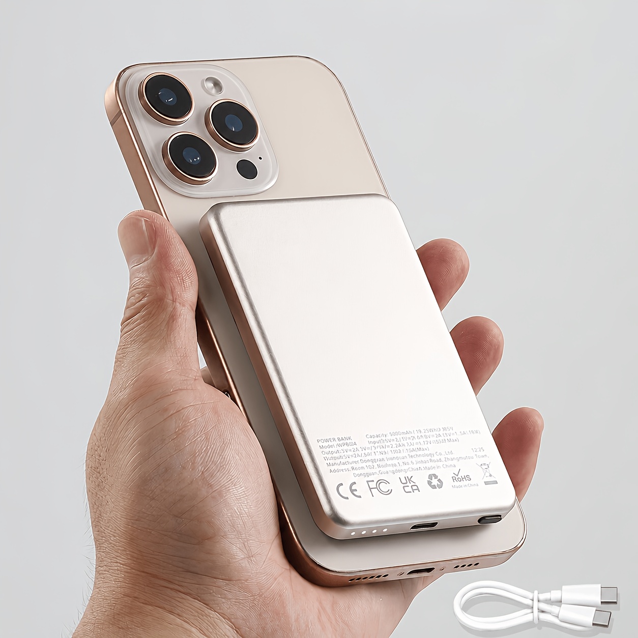 TEMU Batterie externe fil magnétique ultra-mince ENEGON 5000mAh, chargeur portable en aluminium, aimant puissant, charge rapide fil 15W et filaire PD
