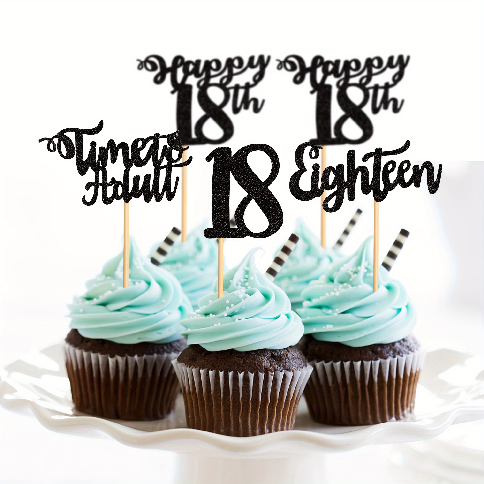 

12pcs Elegant Black Glitter 18th Birthday Cake Toppers, Paper Happy 18 Celebration Cake Decor, Adult Party Table Decorations, Cupcake Picks For All Seasons - No Electricity Or Battery Needed
