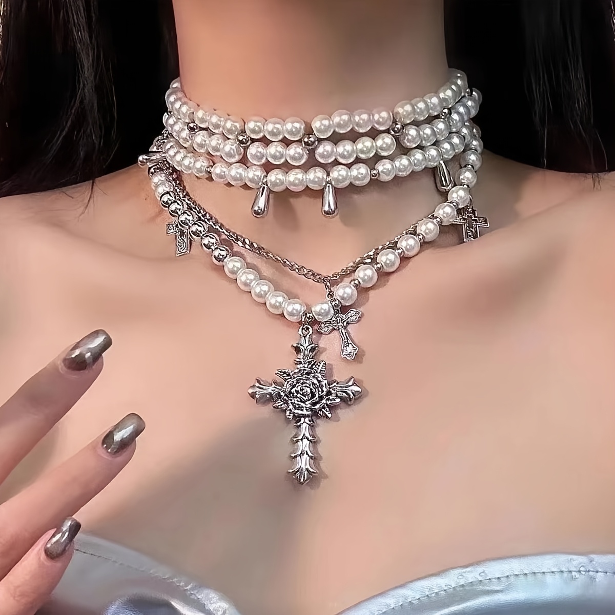 3pcs gothic style cross pendant necklace set 3pcs y2k gothic style resin imitation layered necklace set with exaggerated cross pendant for women versatile fashion jewelry for and parties accessory details 1