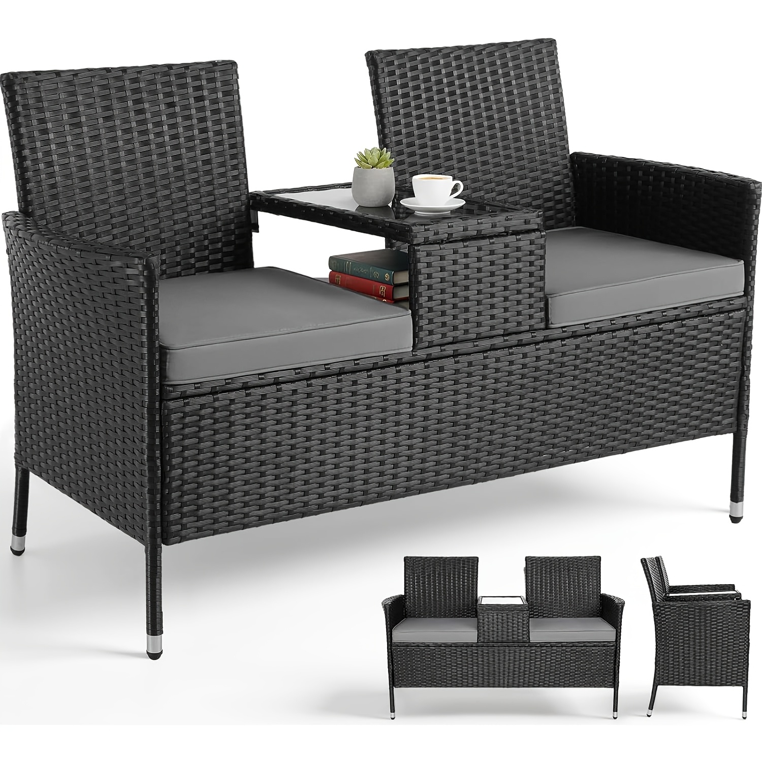 Image of Outdoor Furniture Set Featuring A Polyrattan Bench With Table, Double Sofa For Courtyards, Complete With Cushions And Backrest, Ideal For Compact , Uv-proof, Perfect For Patios And Gardens