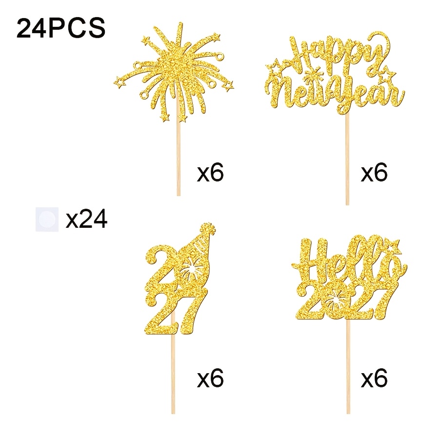 Image of 24pcs Happy New Year Cupcake Toppers New Year's Eve Cake Decorating Supplies With Firework Pattern Picks For Christmas New Year's Eve Party Decor Supplies