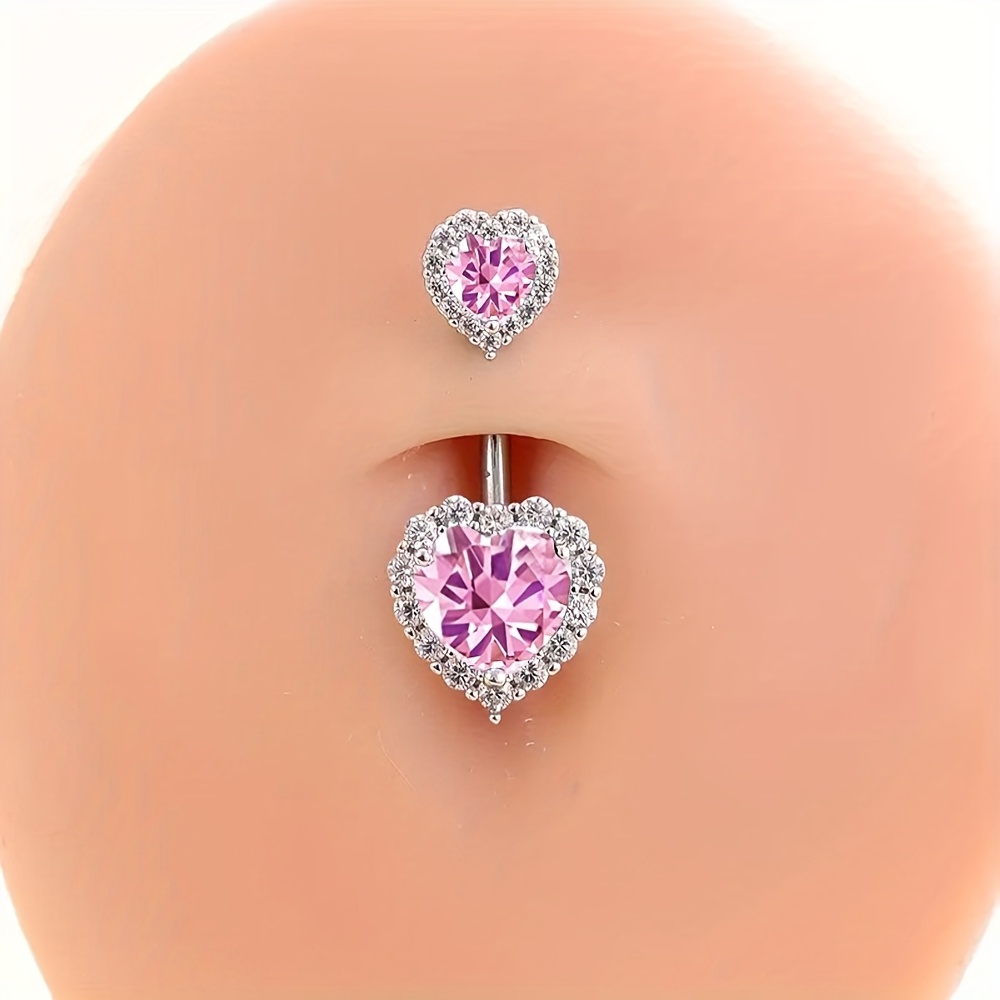 1pc Belly Button Ring 14g Stainless Steel Sparkly Pink Cz Heart Barbell Belly Piercing Body Pink Jewelry For Ladies To Wear Dailysilver/golden)
