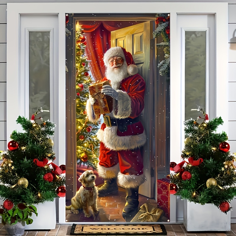 

1pc Christmas Santa Claus Door Banner - Polyester Holiday Decoration, Entrance Decor With Dog And Gift, No Electricity Needed, /new Year Party Supplies, Indoor/outdoor Banner 70x35inch